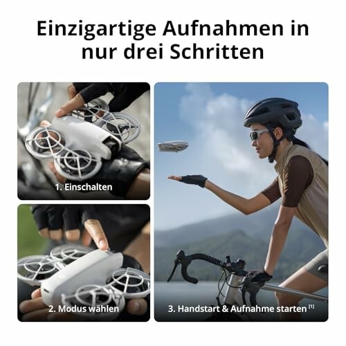 Drei Schritte zur Steuerung einer Drohne: Einschalten, Modus wählen, Handstart und Aufnahme starten.